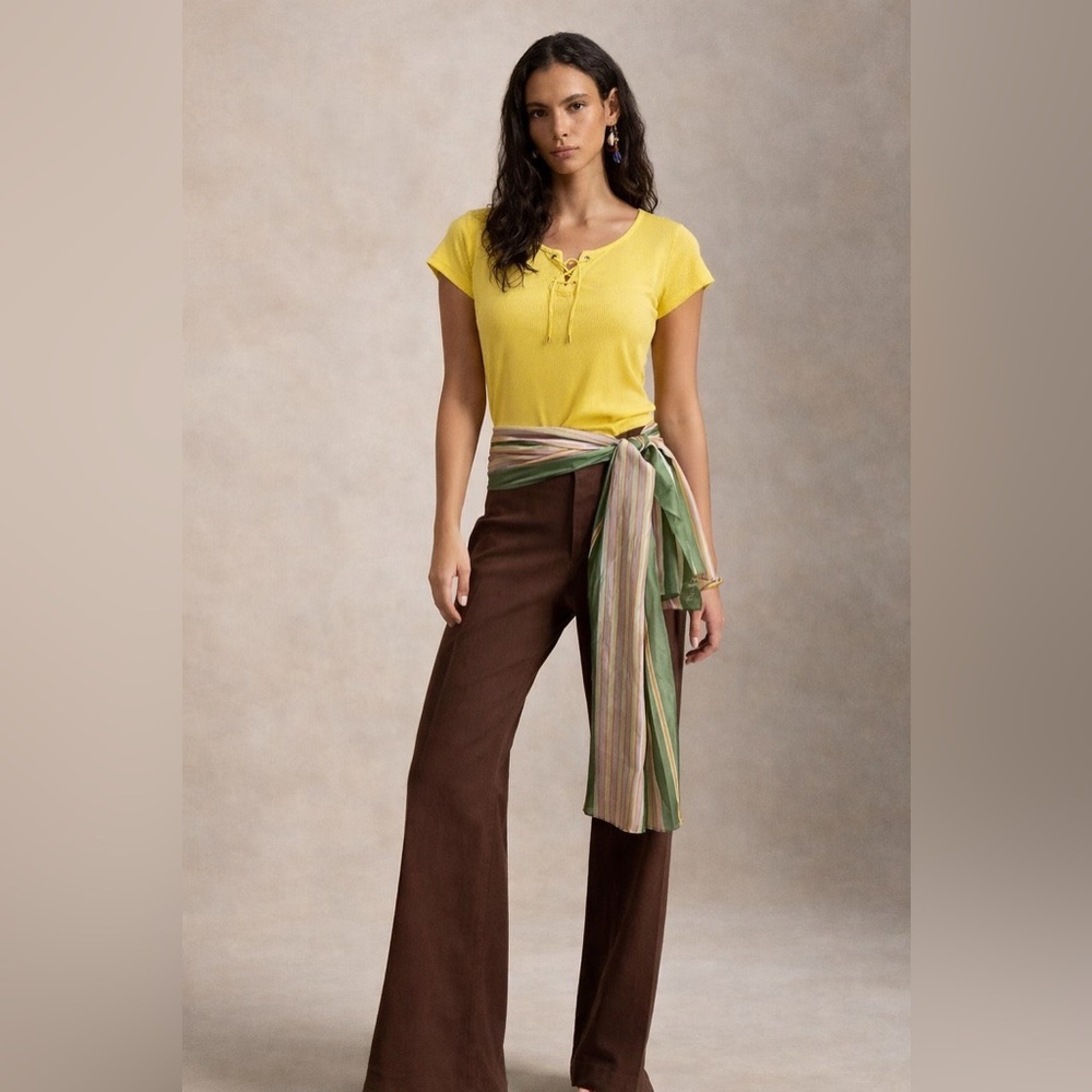 Lauren Ralph Lauren Womens L Yellow Short Sleeves Ribbed Knit Lace Up T-Shirt